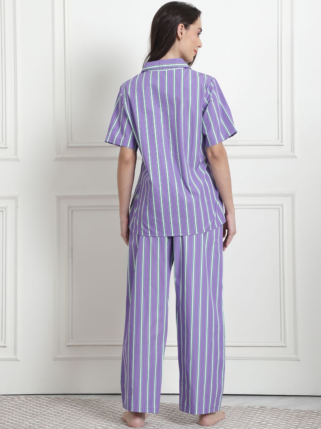 Striped Lilac Cotton Night Suit