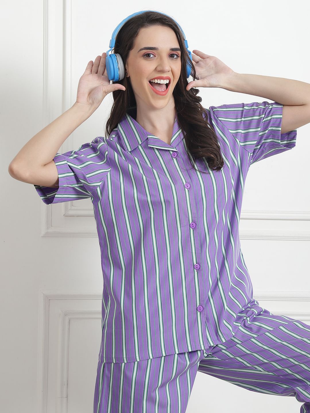 Striped Lilac Cotton Night Suit