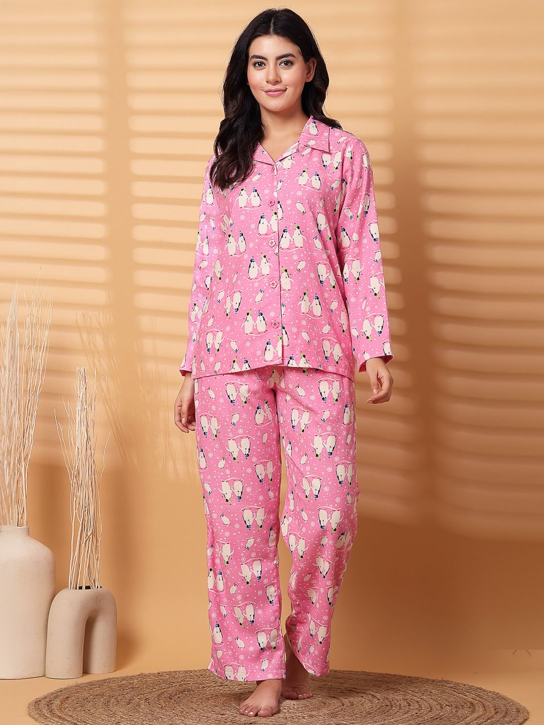 Pink Printed Flannel Night Suit