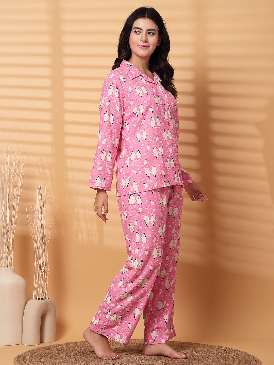 Pink Printed Flannel Night Suit