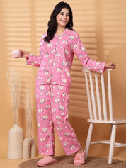 Pink Printed Flannel Night Suit