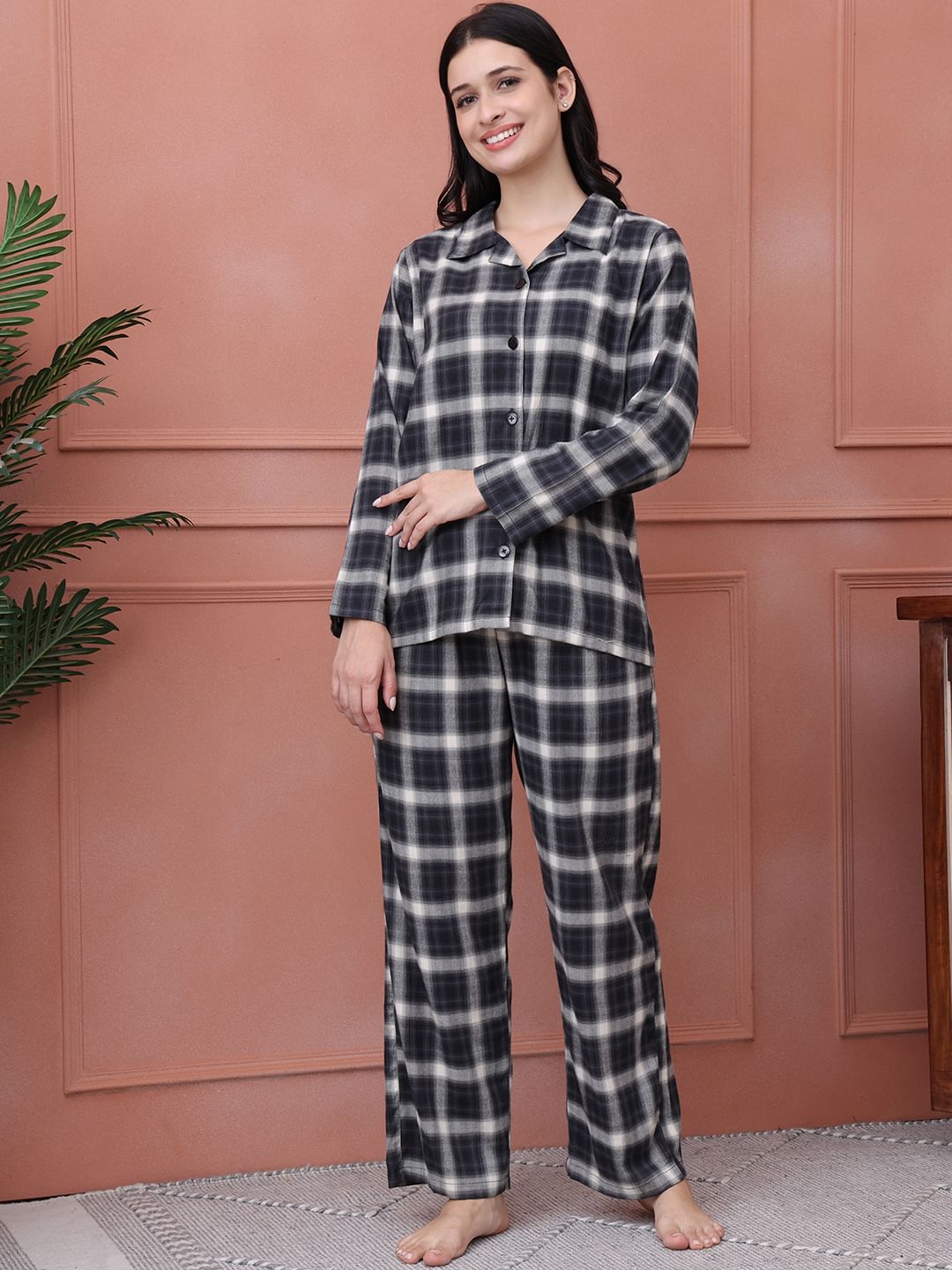 Black Checkered Flannel Night Suit