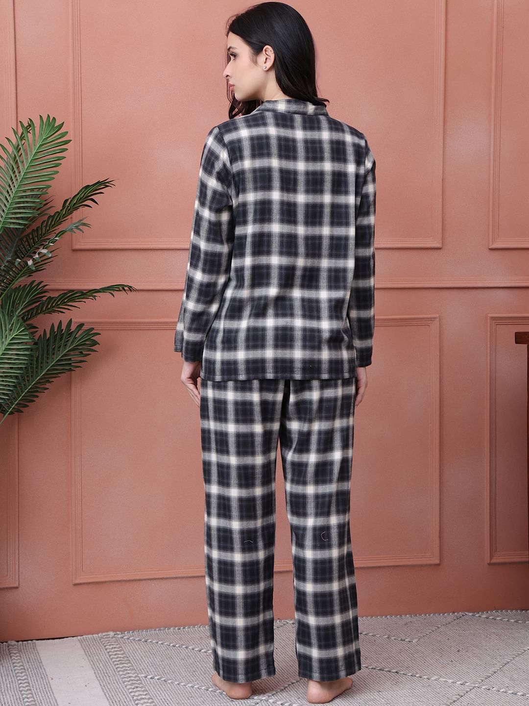 Black Checkered Flannel Night Suit