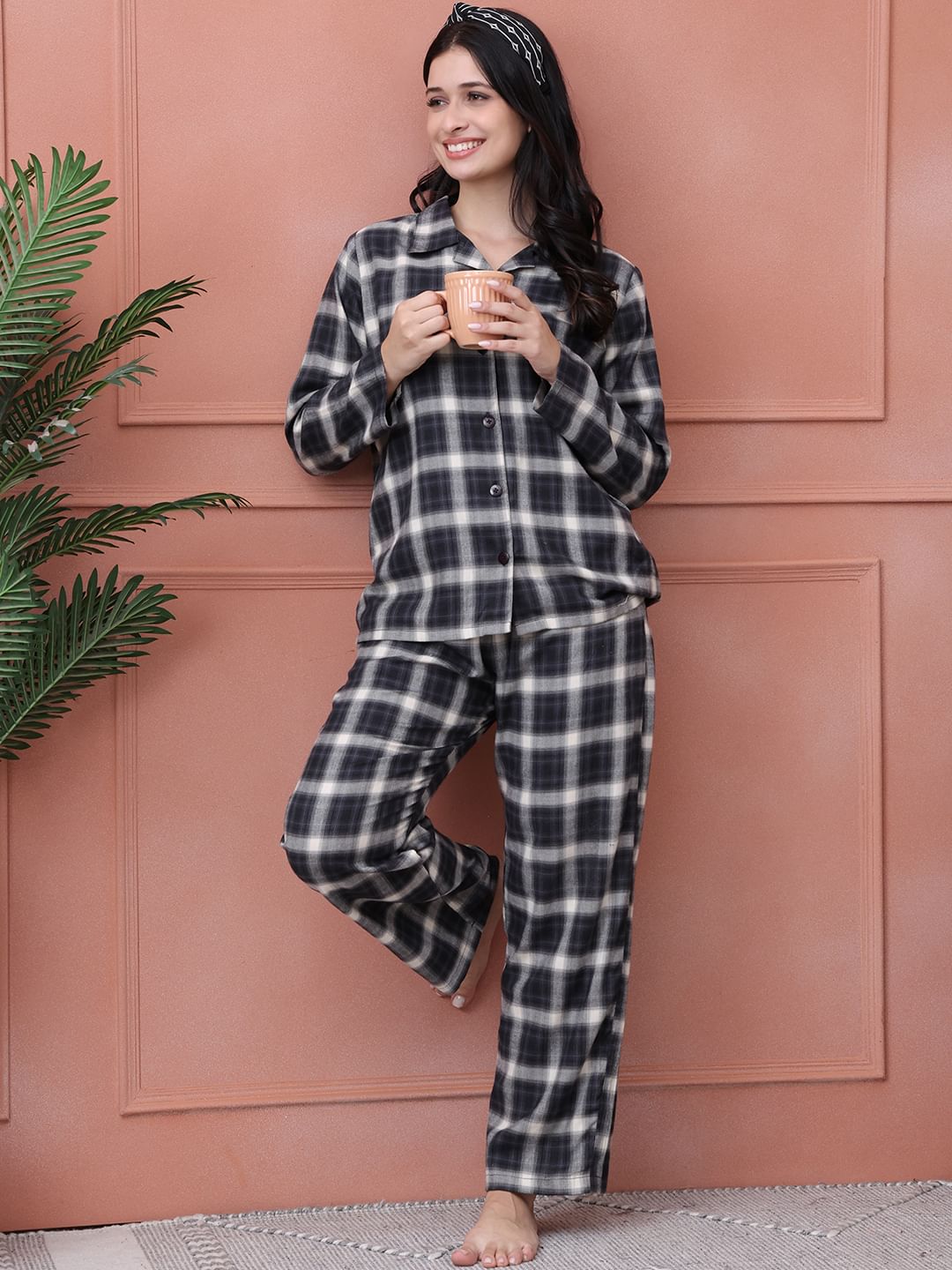 Black Checkered Flannel Night Suit