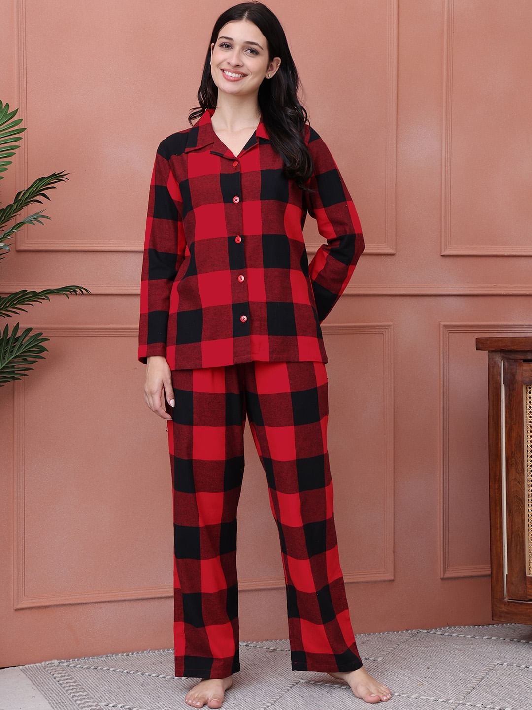 Secret Wish Red Checkered Flannel Night Suit Night Dress