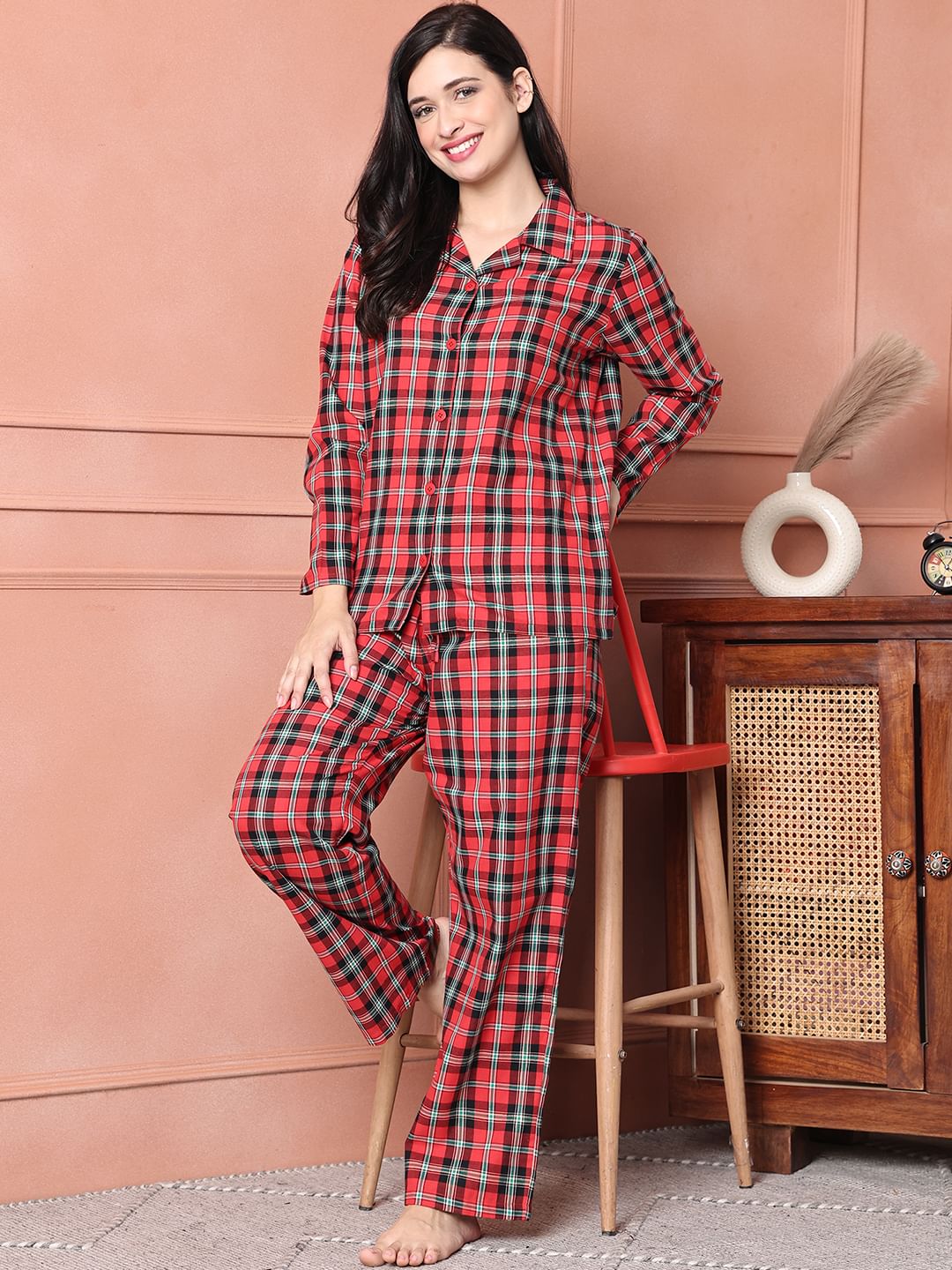 Red Checkered Flannel Night Suit