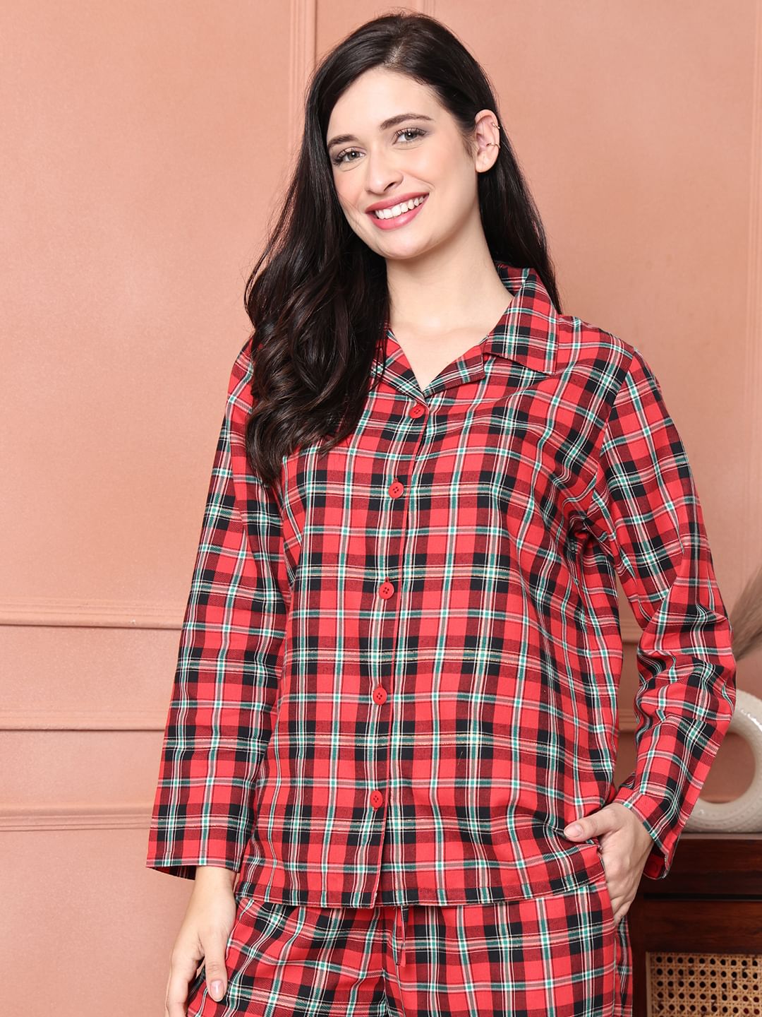 Red Checkered Flannel Night Suit