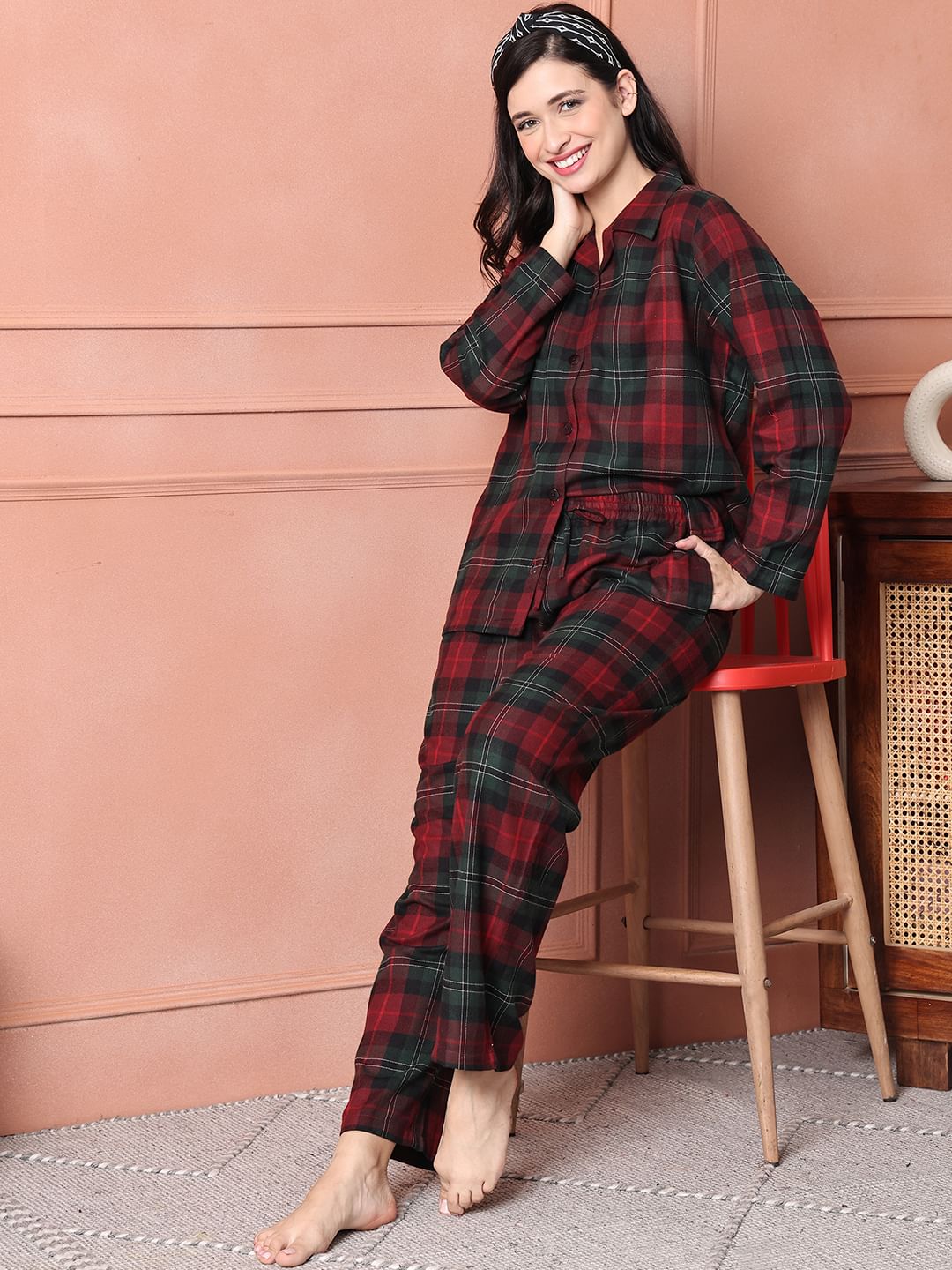 Red Checkered Flannel Night Suit