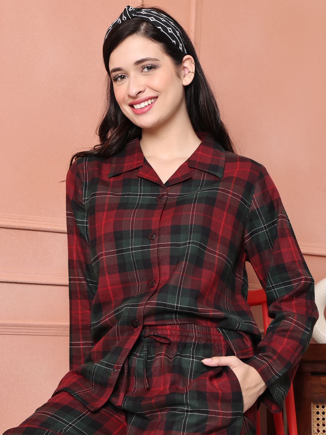 Red Checkered Flannel Night Suit