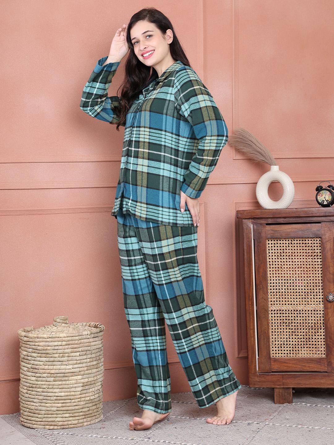 Secret Wish Green Checkered Flannel Night Suit