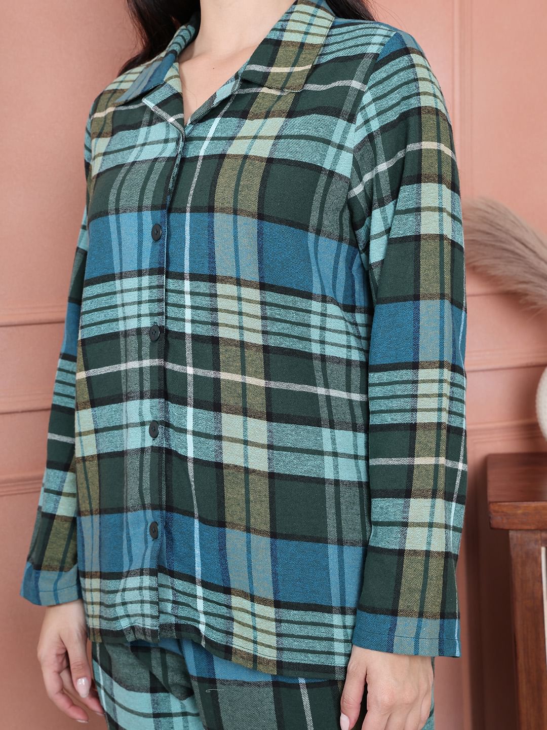 Secret Wish Green Checkered Flannel Night Suit