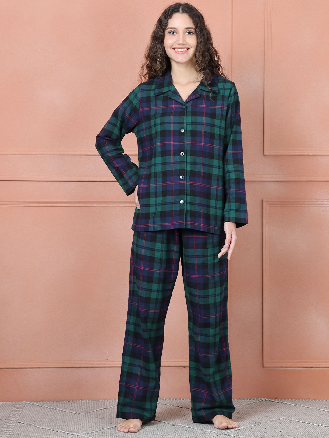 Secret Wish Green Checkred Flannel Night Suit