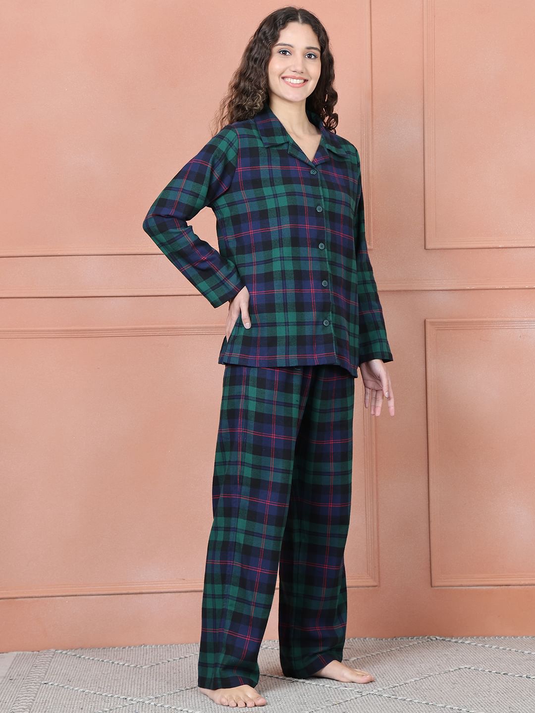 Secret Wish Green Checkred Flannel Night Suit