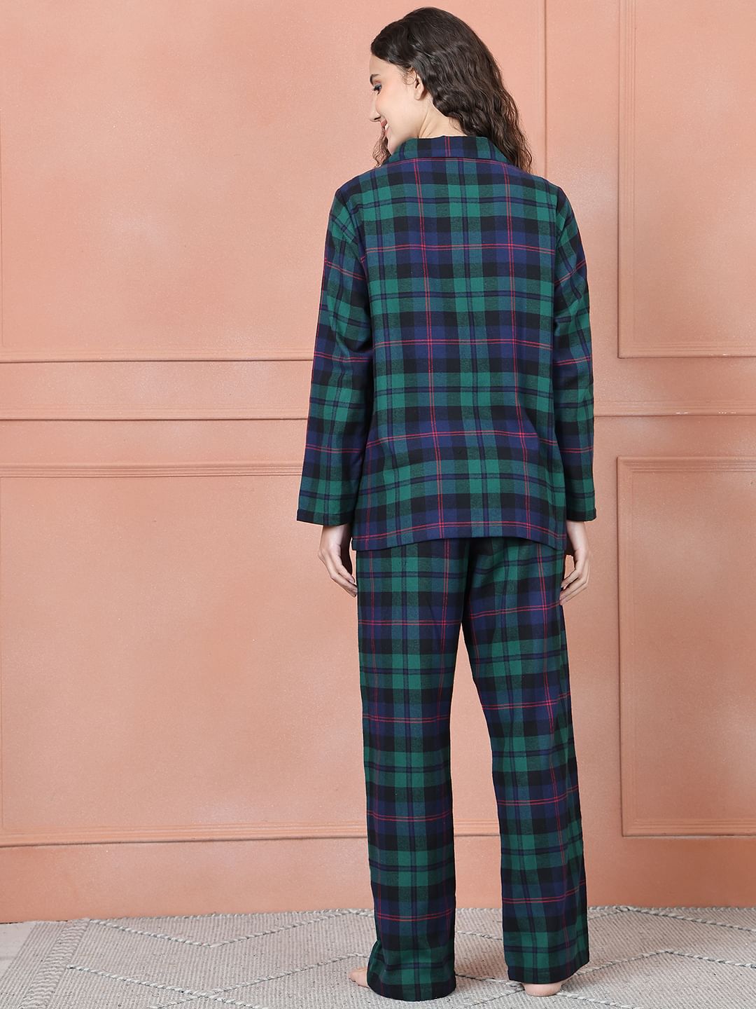 Secret Wish Green Checkred Flannel Night Suit