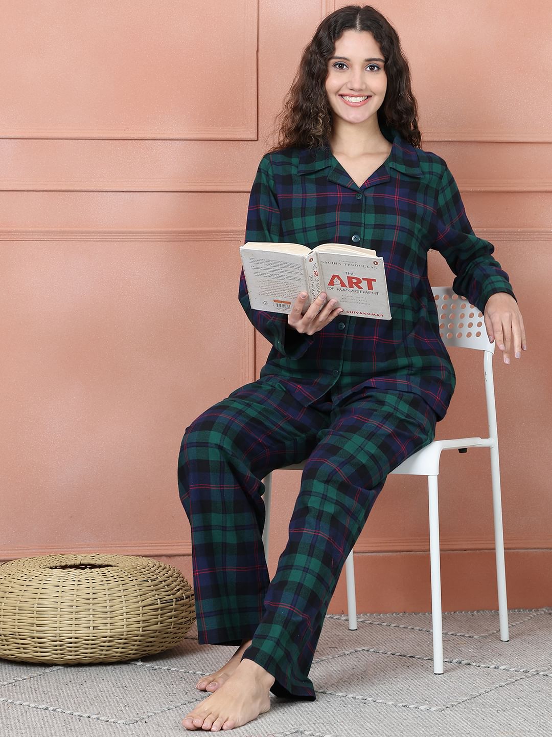 Secret Wish Green Checkred Flannel Night Suit