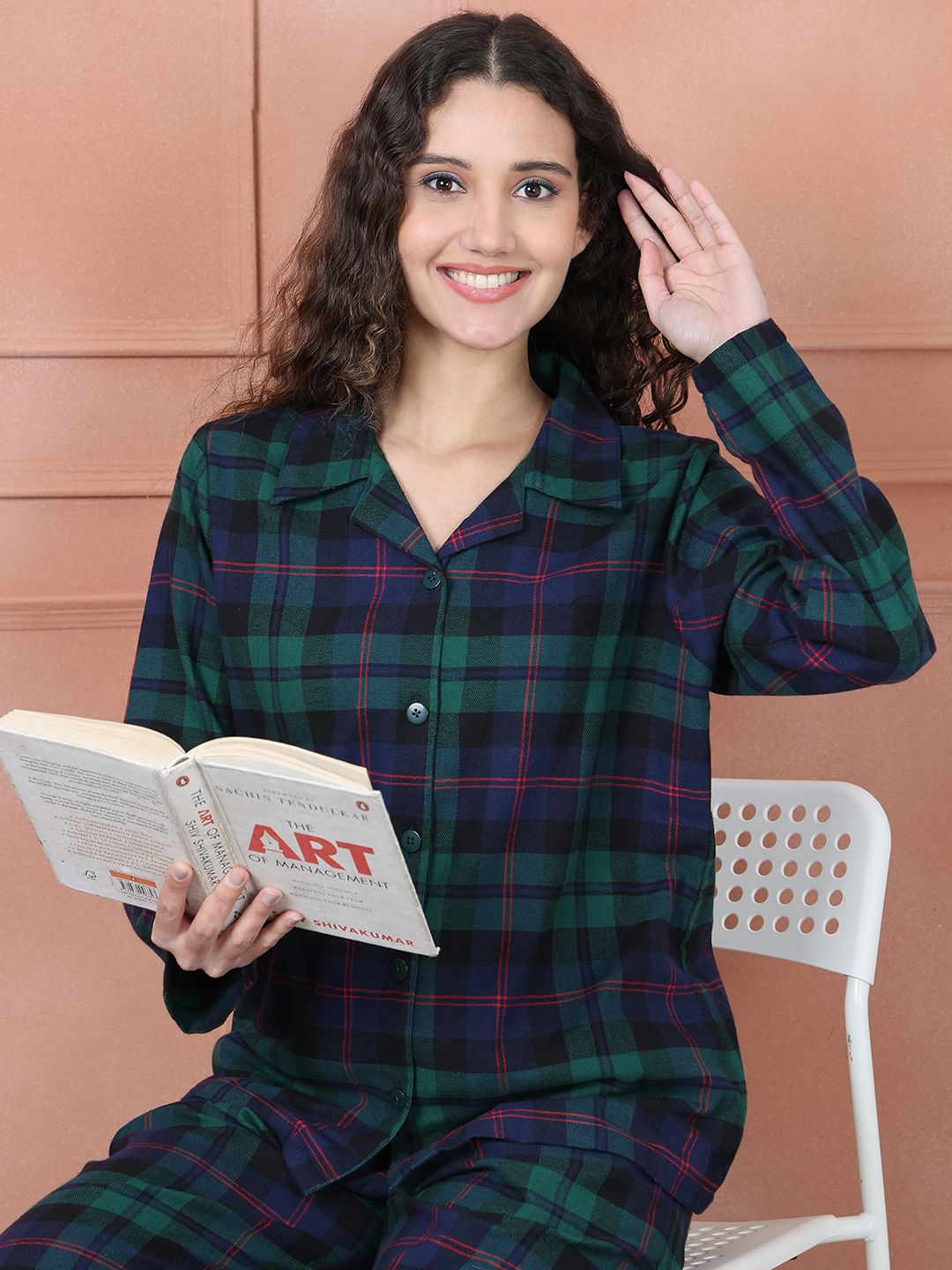 Secret Wish Green Checkred Flannel Night Suit