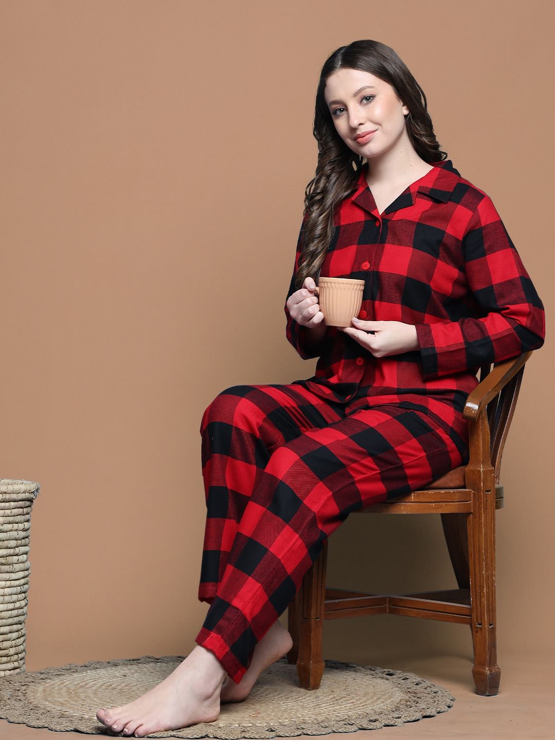 Secret Wish Red Checkred Cotton Night Suit