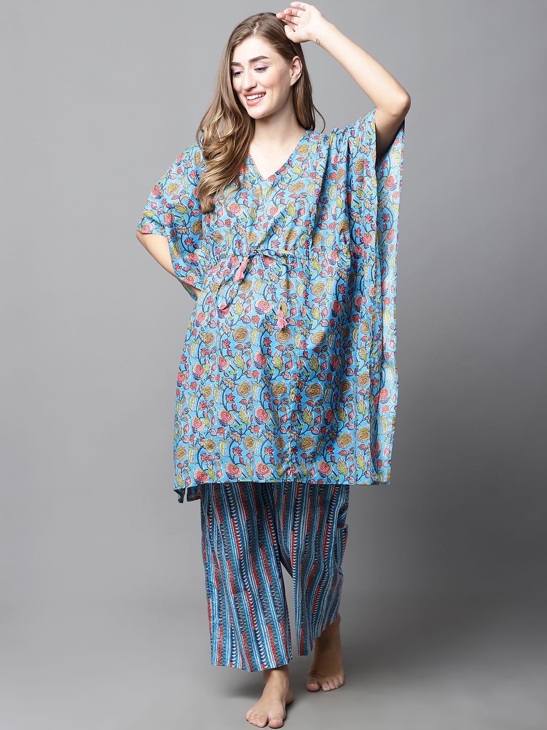 Blue & Red Cotton Floral Maternity Night Suit