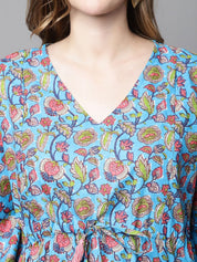 Blue & Red Cotton Floral Maternity Night Suit