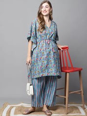 Blue & Red Cotton Floral Maternity Night Suit