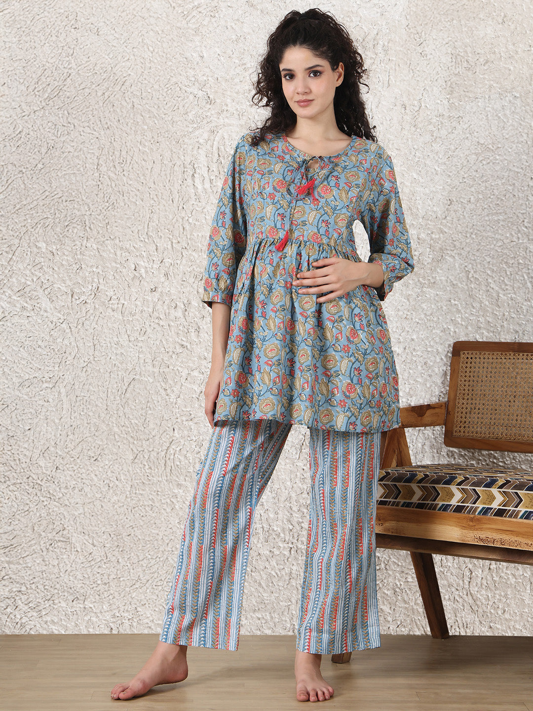 Blue Red Cotton Maternity Floral Night Suit - Main Image
