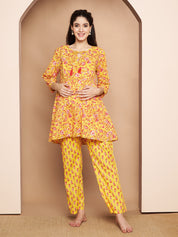 Yellow & Red Cotton Floral Maternity Night Suit
