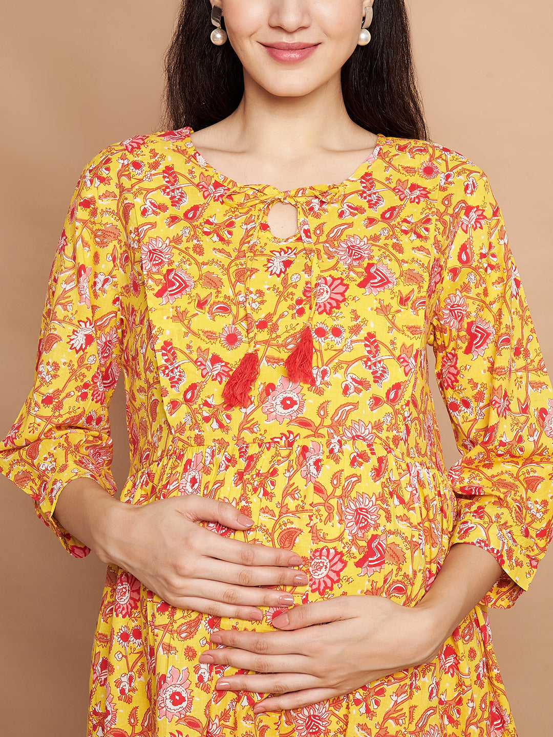 Yellow & Red Cotton Floral Maternity Night Suit