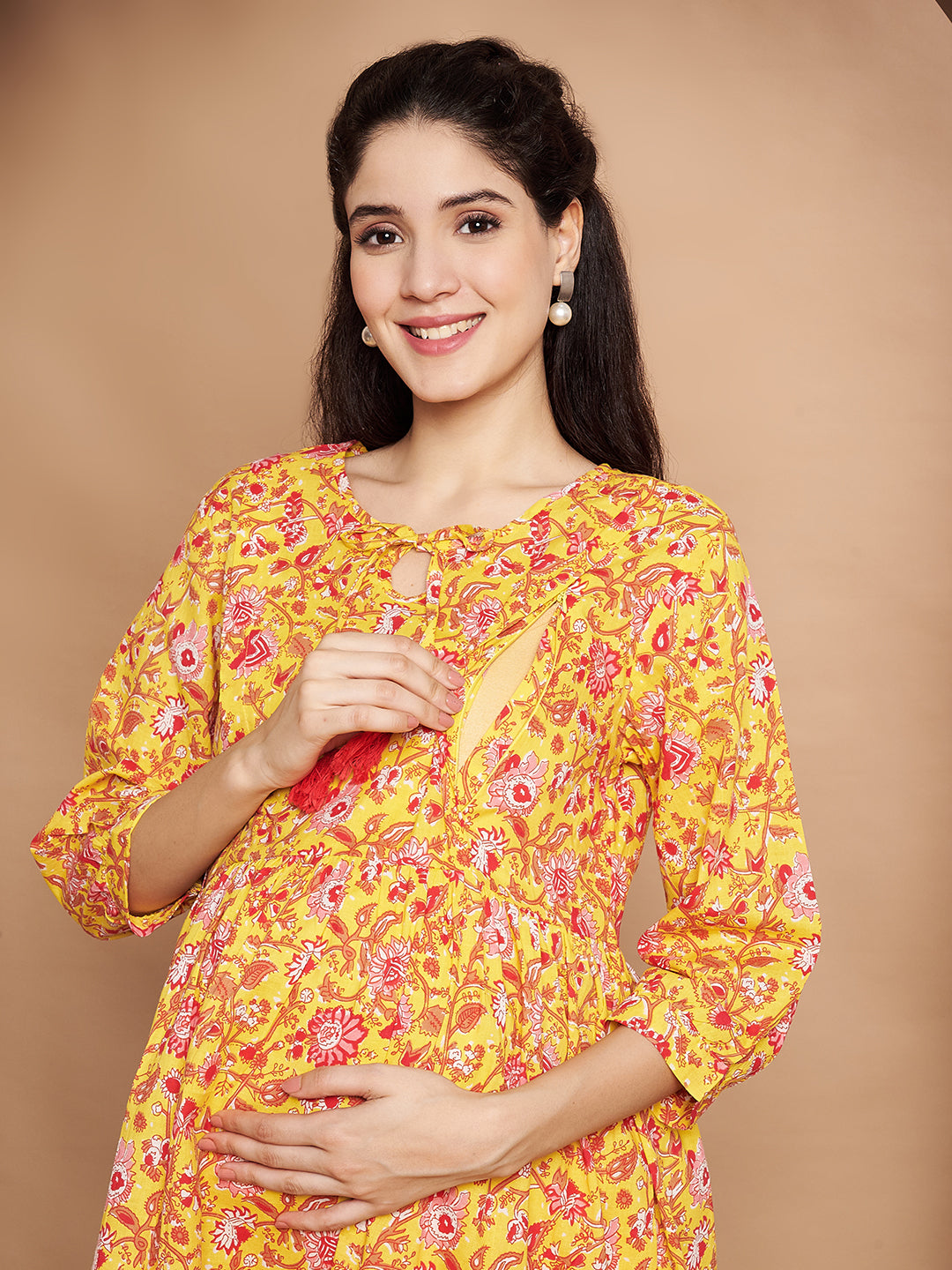 Yellow & Red Cotton Floral Maternity Night Suit