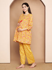Yellow & Red Cotton Floral Maternity Night Suit
