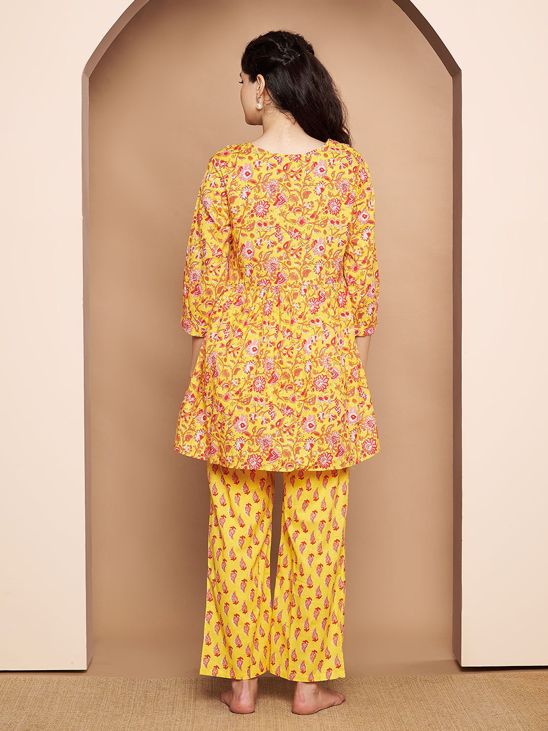 Yellow & Red Cotton Floral Maternity Night Suit