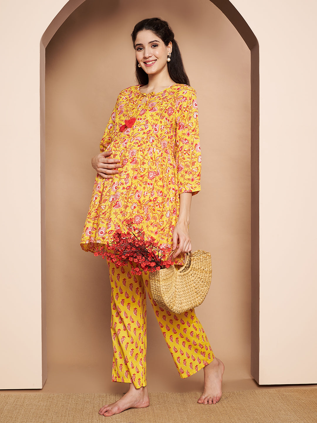 Yellow & Red Cotton Floral Maternity Night Suit