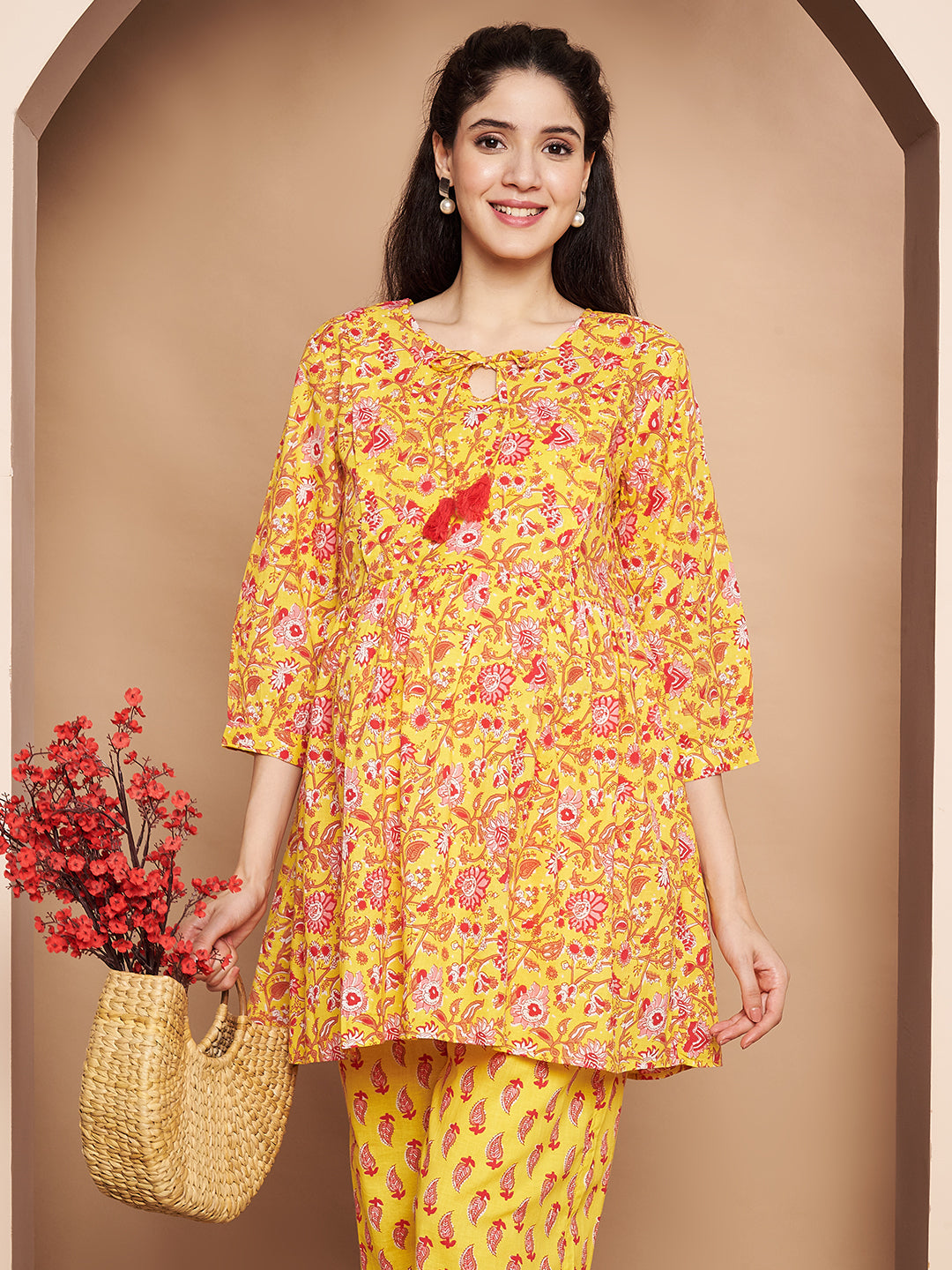 Yellow & Red Cotton Floral Maternity Night Suit