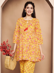 Yellow & Red Cotton Floral Maternity Night Suit