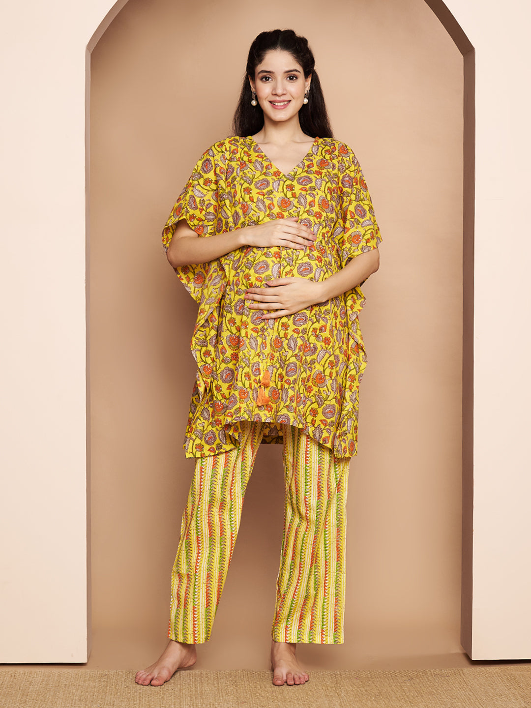Yellow & Red Cotton Floral Maternity Night Suit
