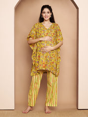 Yellow & Red Cotton Floral Maternity Night Suit