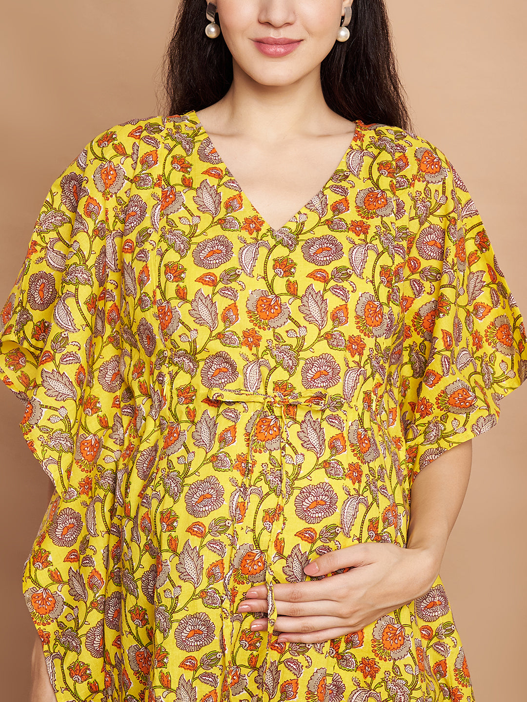 Yellow & Red Cotton Floral Maternity Night Suit