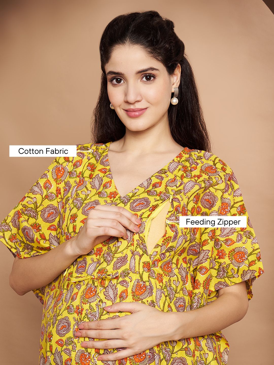 Yellow & Red Cotton Floral Maternity Night Suit