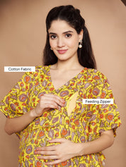 Yellow & Red Cotton Floral Maternity Night Suit