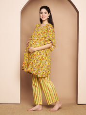 Yellow & Red Cotton Floral Maternity Night Suit