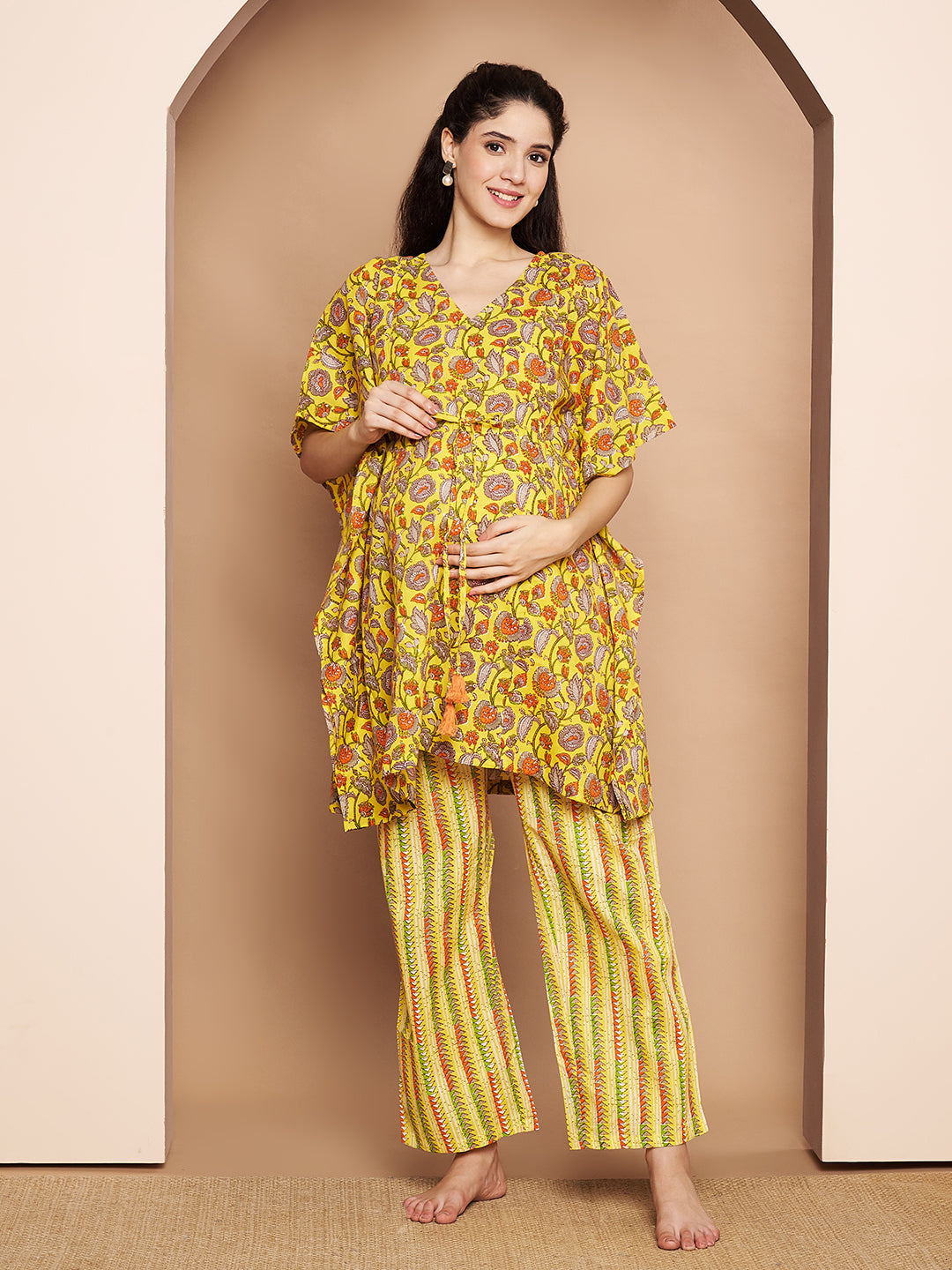 Yellow & Red Cotton Floral Maternity Night Suit