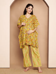 Yellow & Red Cotton Floral Maternity Night Suit