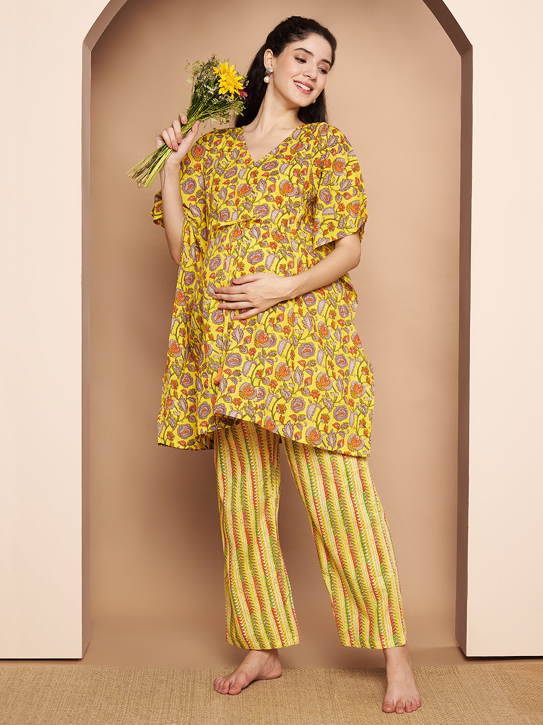 Yellow & Red Cotton Floral Maternity Night Suit