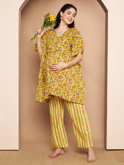 Yellow & Red Cotton Floral Maternity Night Suit
