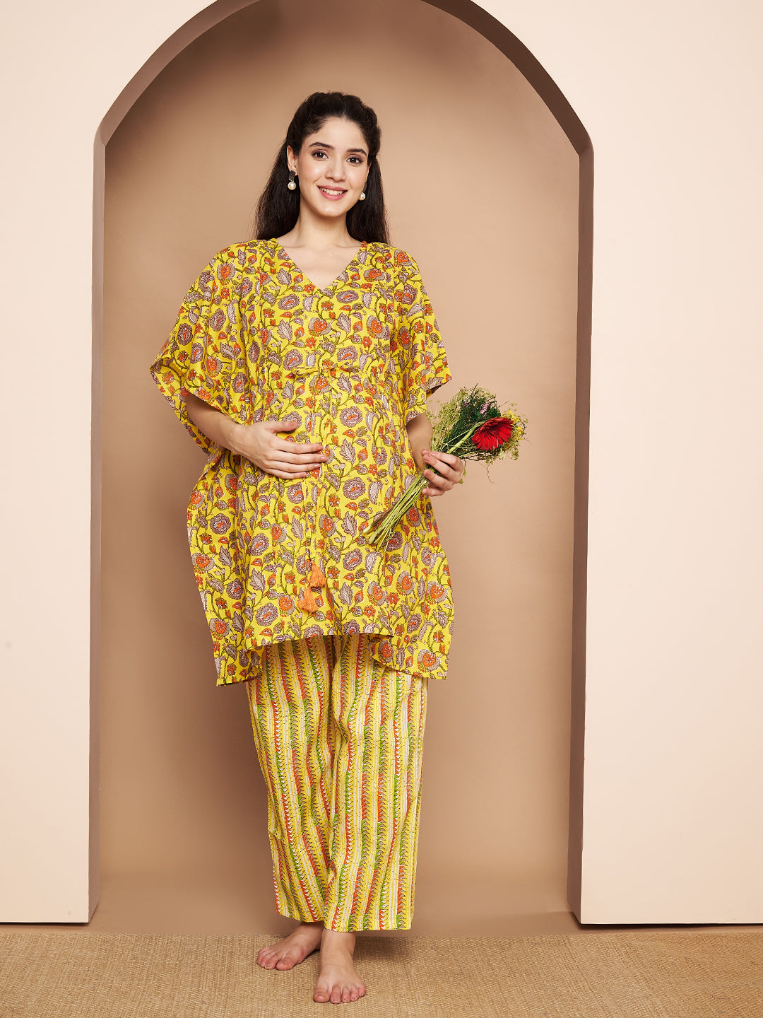 Yellow & Red Cotton Floral Maternity Night Suit