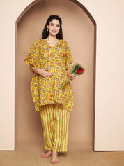 Yellow & Red Cotton Floral Maternity Night Suit