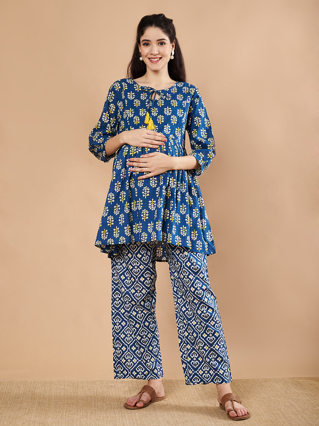 Blue & Yellow Cotton Floral Maternity Night Suit