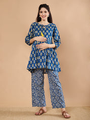 Blue & Yellow Cotton Floral Maternity Night Suit
