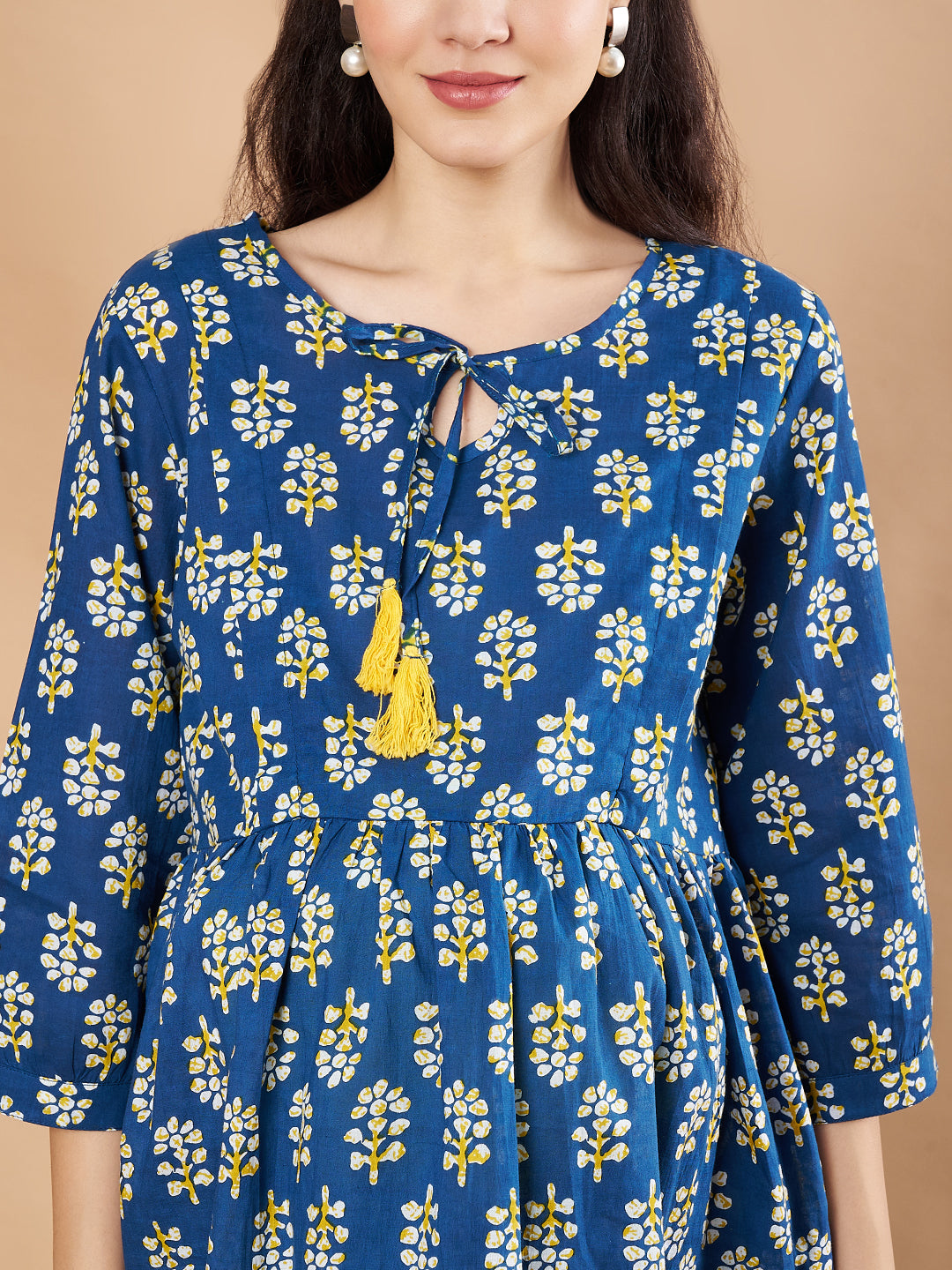 Blue & Yellow Cotton Floral Maternity Night Suit