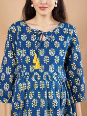 Blue & Yellow Cotton Floral Maternity Night Suit