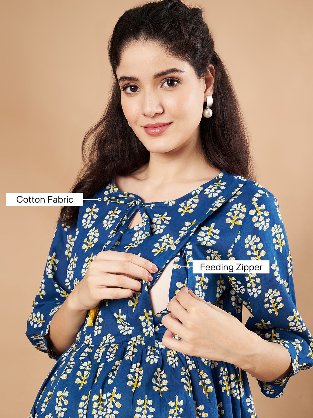 Blue & Yellow Cotton Floral Maternity Night Suit